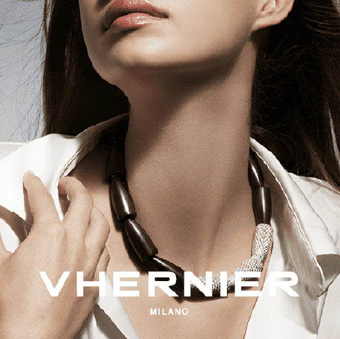 Vhernier banner featuring a woman wearing a Vhernier necklace