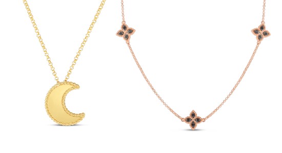 a yellow gold moon pendant necklace next to a rose gold station necklace