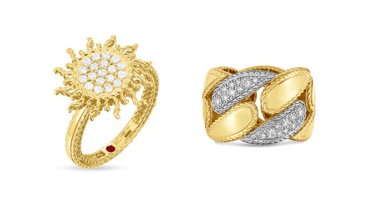 a yellow gold sunshine motif ring next to a mixed metal, diamond-studded ring