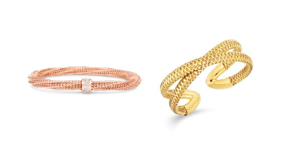 a rose gold bangle bracelet next to a yellow gold cuff bracelet