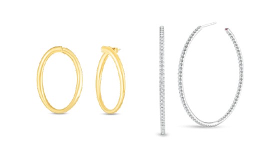 a pair of yellow gold hoop earrings next to a pair of white gold hoops with diamonds