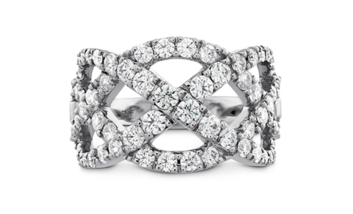 A white gold diamond criss-cross fashion ring from Hearts on Fire, available at Chrono Jewelry.