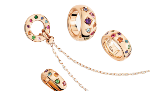 A selection of Pomellato jewelry featuring a rainbow of vibrant gemstones, available at Chrono Jewelry.