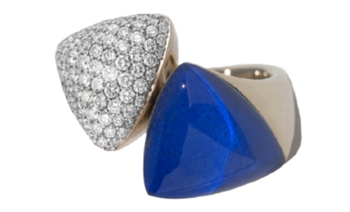 A distinctive and sculptural Vhernier fashion ring featuring round cut diamonds and a blue gemstone, available at Chrono Jewelry.