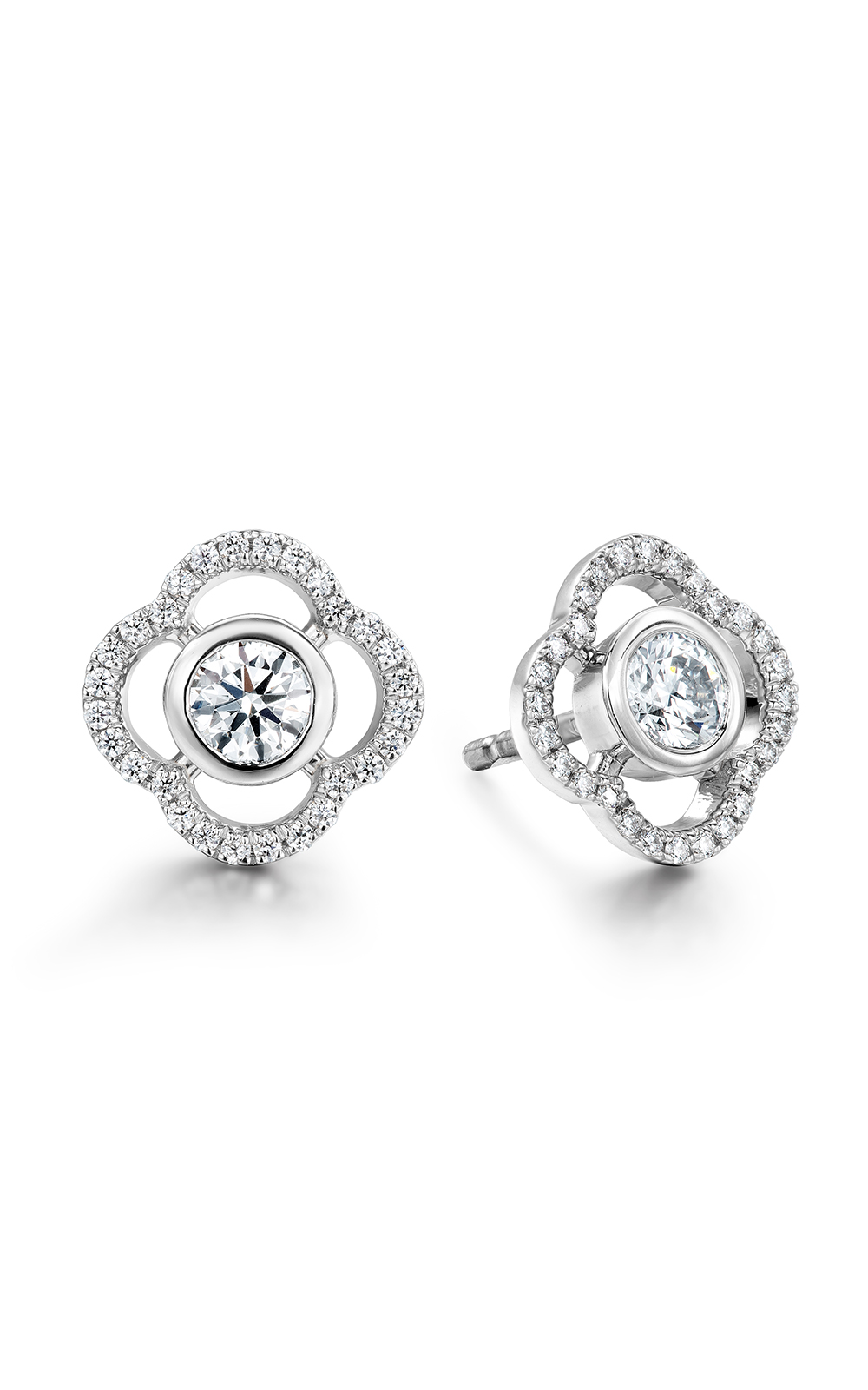 A white gold flower shaped stud earrings with bezel set center diamonds.