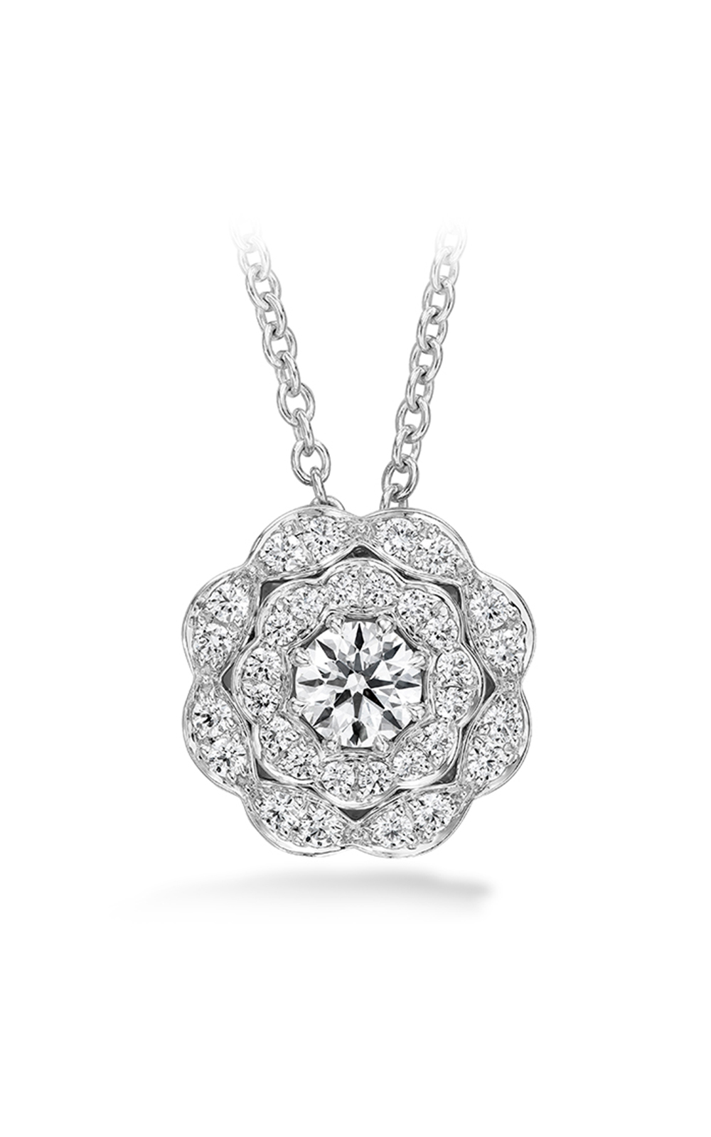 A white gold flower shaped diamond pendant necklace