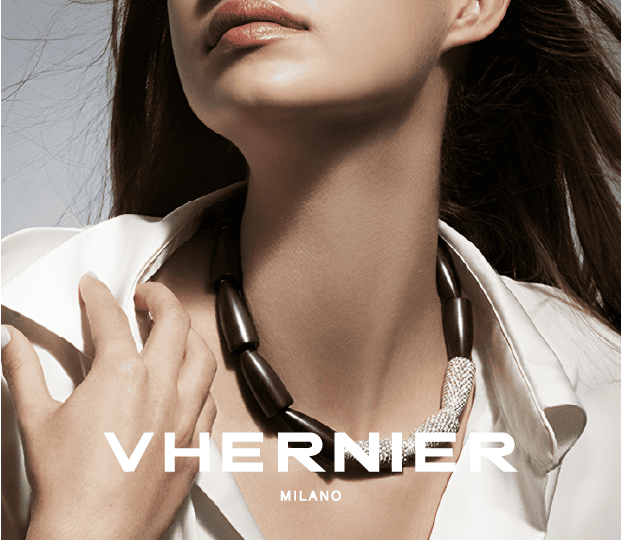 Vhernier banner featuring a woman wearing a Vhernier necklace