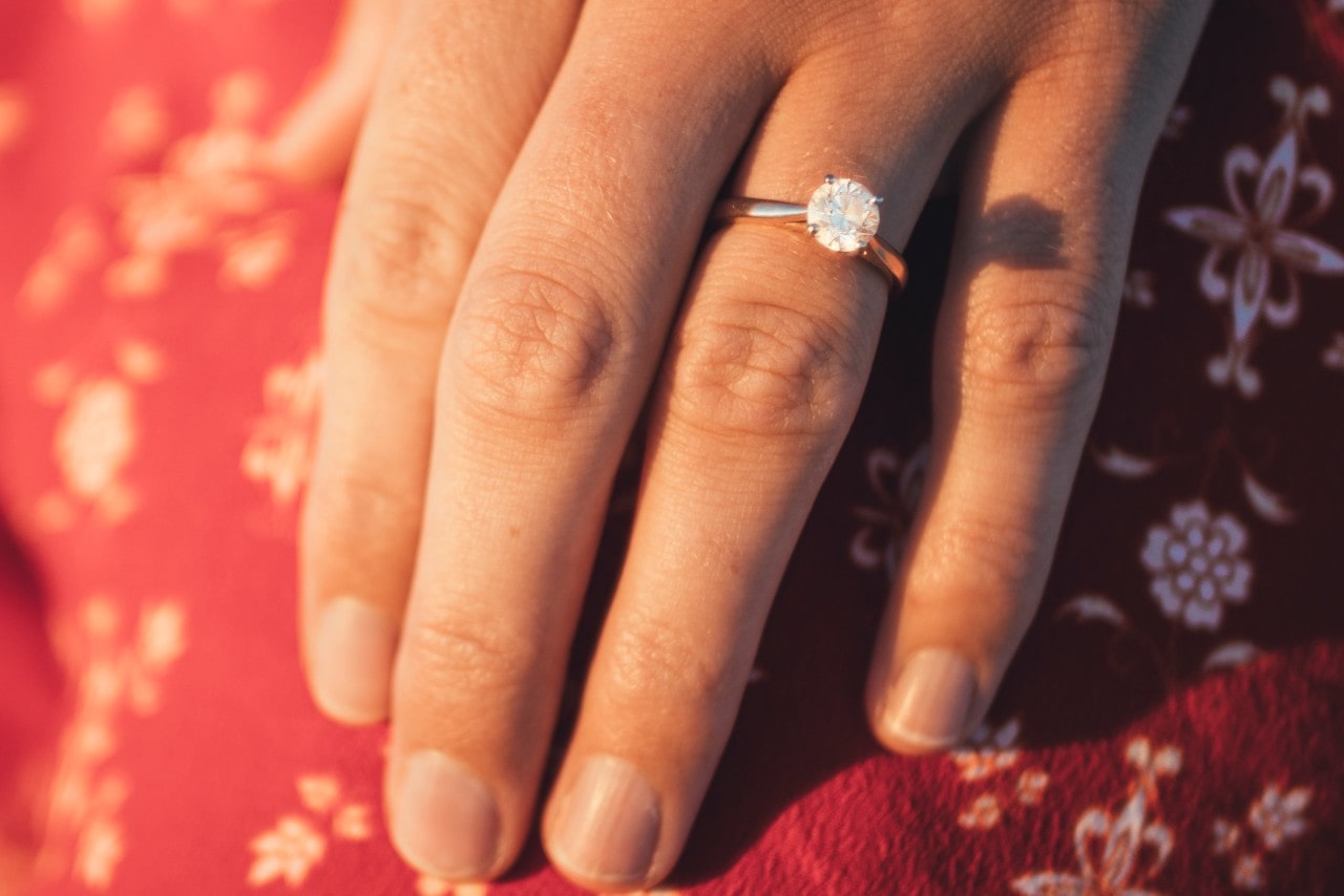 a hand wearing a solitaire engagement ring on a red paisley background