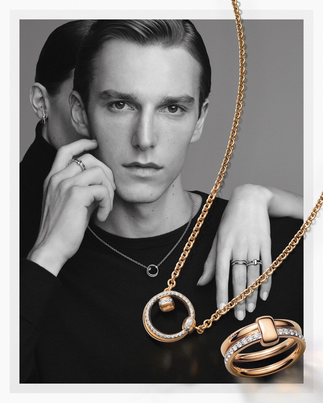A black and white photo of a couple wearing necklaces, earrings, and rings from the Pomellato Together Collection